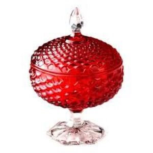 Joeyan 18oz Red Embossed Glass Footed Candy Dish with Lid